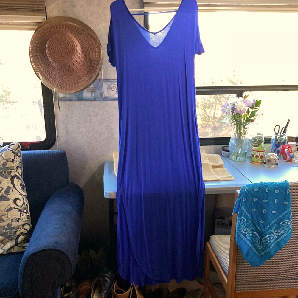 Royal Blue Long Maxi Dress Casual Dress Up Light Flowing Dual Slits & Pockets